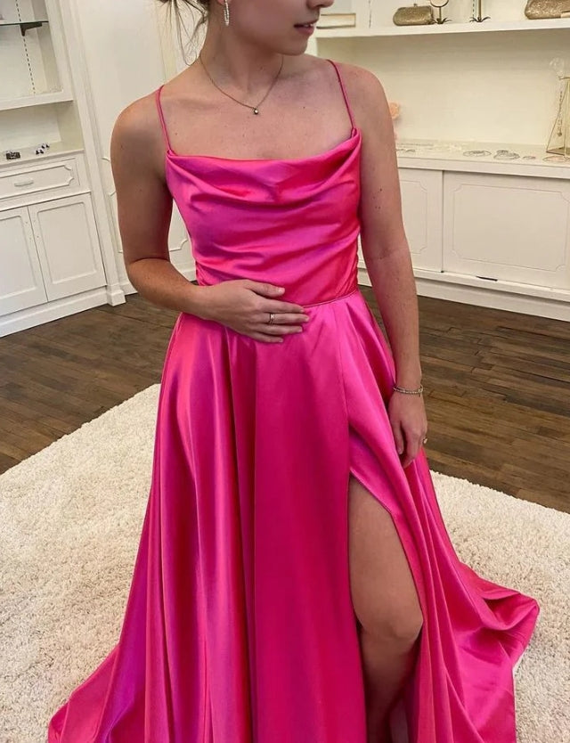 Weitese Dress Classic A-Line Sleeveless V Neck Open Back Purple Satin Sweep/Brush Train Long Prom Dress