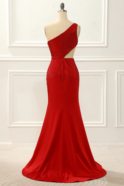 Red One ShoulderMermaid Prom Dress With Hollow-Out