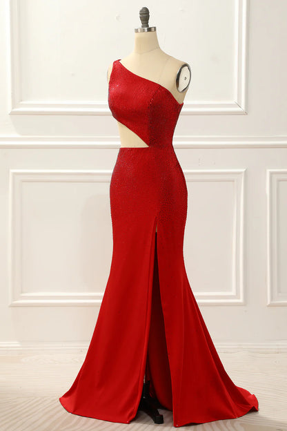 Red One ShoulderMermaid Prom Dress With Hollow-Out