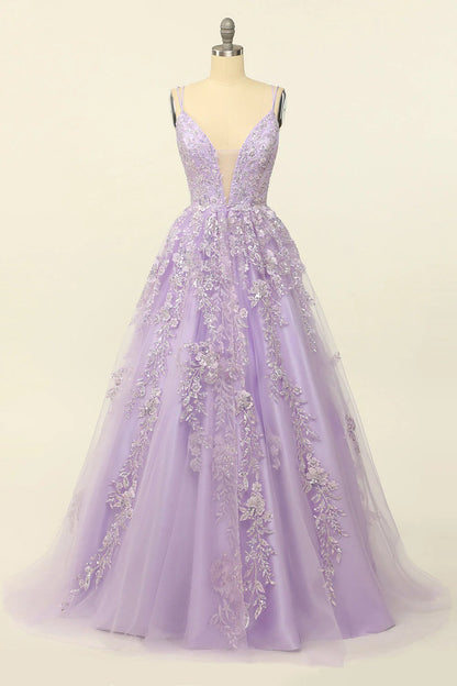 Spaghetti Straps Purple  Prom Dress With Appliques