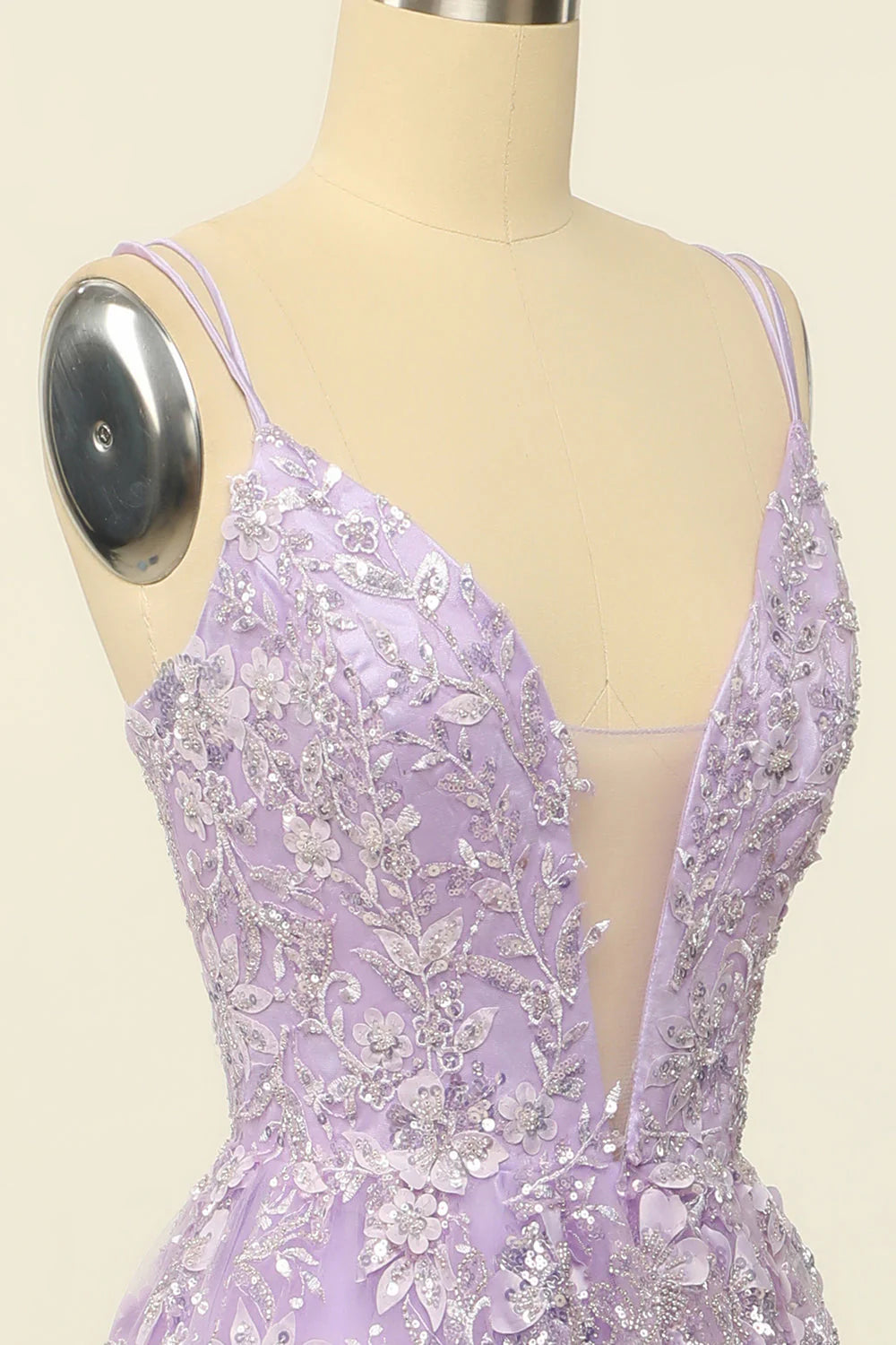 Spaghetti Straps Purple  Prom Dress With Appliques