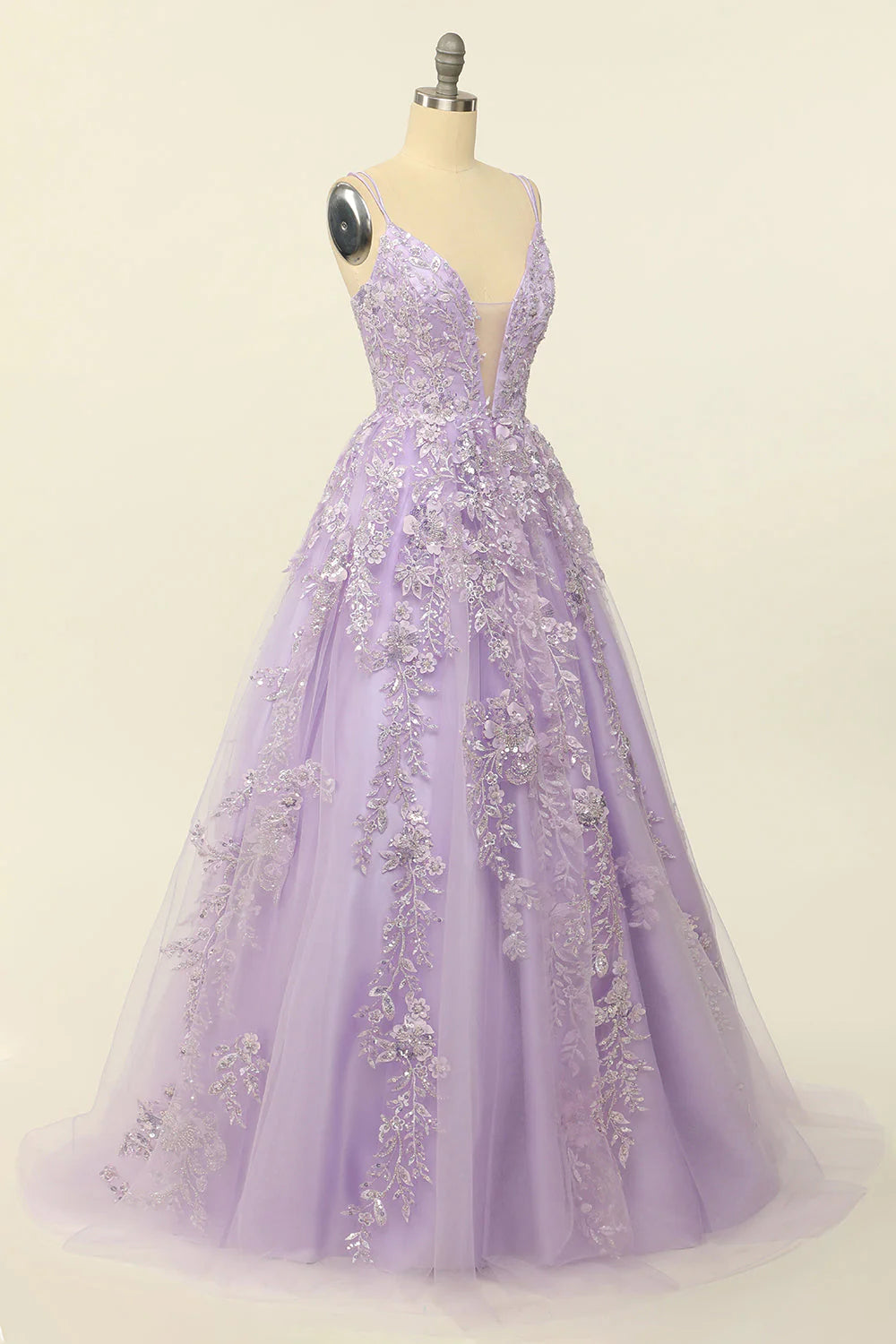 Spaghetti Straps Purple  Prom Dress With Appliques