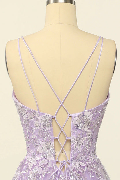 Spaghetti Straps Purple  Prom Dress With Appliques