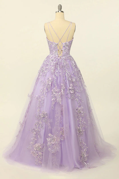 Spaghetti Straps Purple  Prom Dress With Appliques