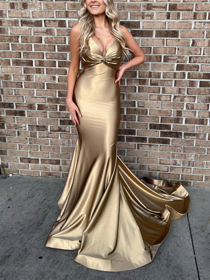 Simple gold satin mermaid long prom dress