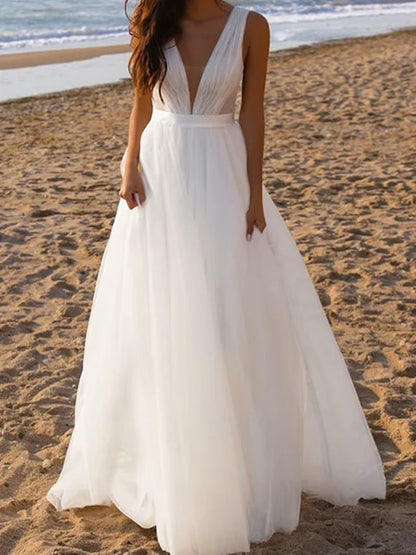 A-Line Deep V-Neck Floor-Length Tulle Wedding Dress