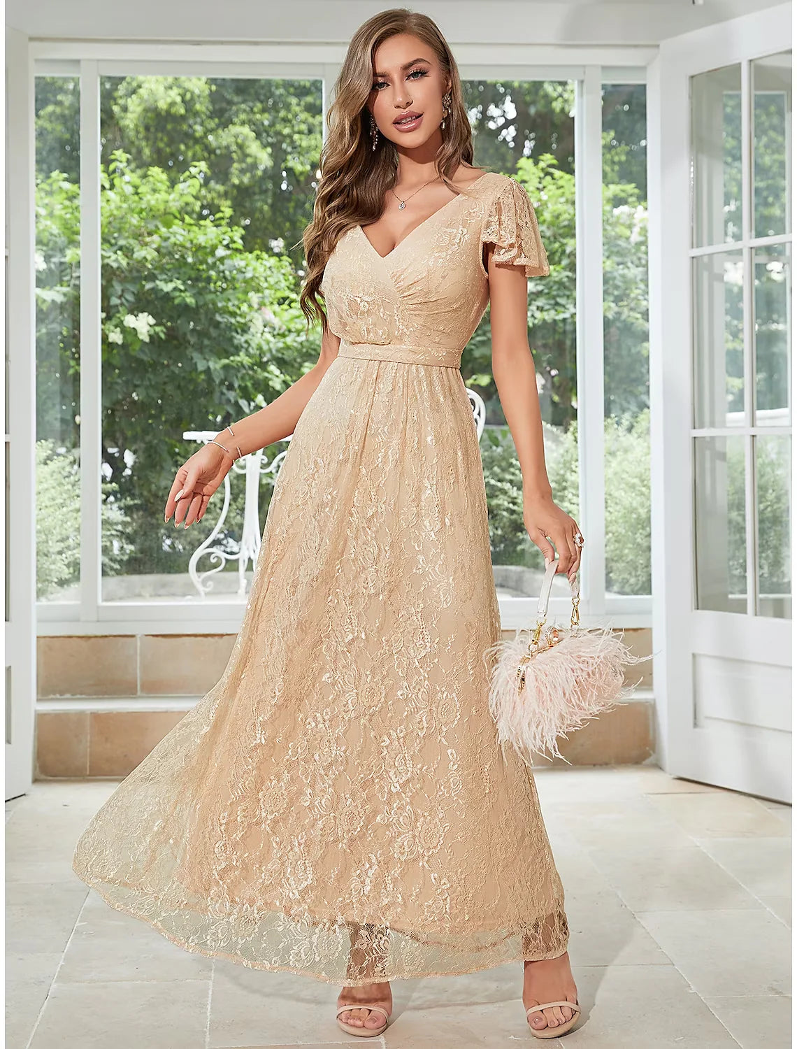 A-Line Wedding Guest Dresses Elegant Dress Party Wear Ankle Length Short Sleeve V Neck Chiffon