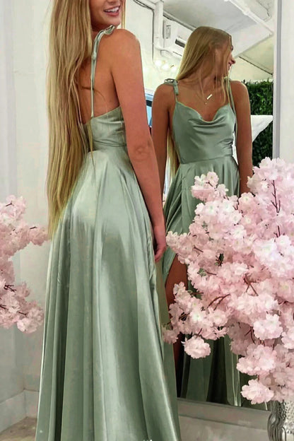 Weitese Simple A Line Spaghetti Straps Light Green Long Prom Dress with Silt