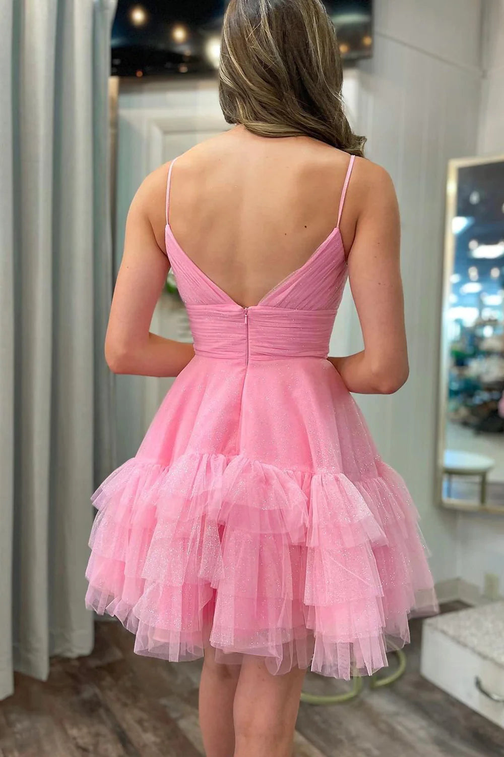 Weitese A Line Pink Tulle Short Homecoming Dress Spaghetti Straps with Ruffles