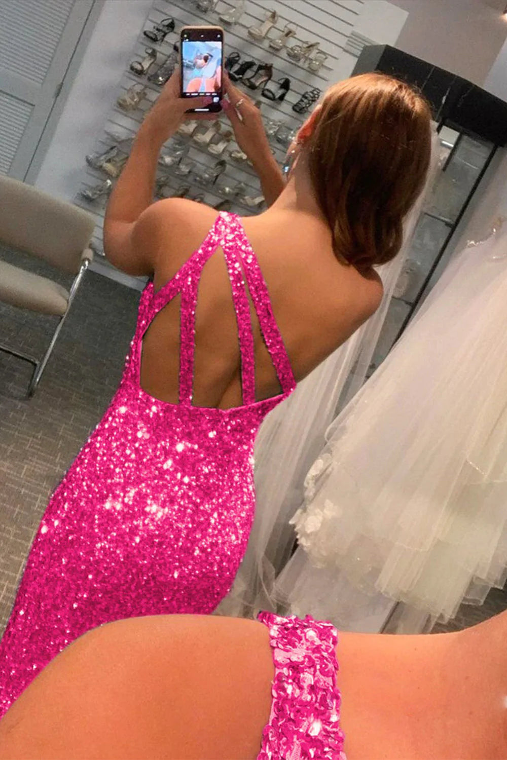 Weitese Sheath One Shoulder Fuchsia Sequins Long Prom Dress with Split Front