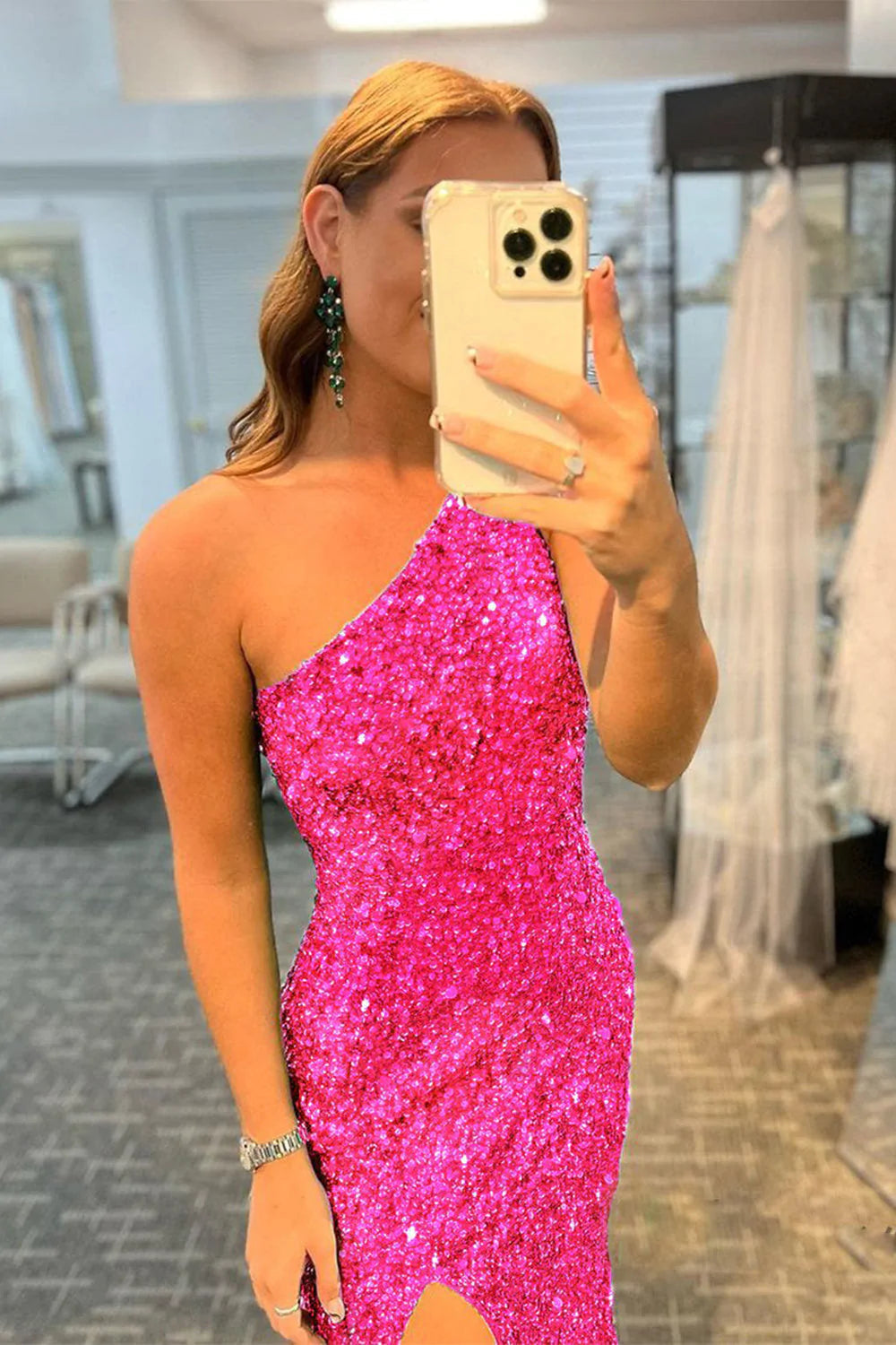 Weitese Sheath One Shoulder Fuchsia Sequins Long Prom Dress with Split Front