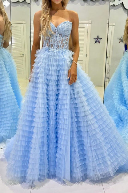 Weitese Trendy A Line Sweetheart Blue Corset Prom Dress with Appilques Ruffles