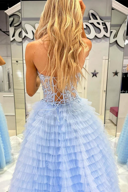 Weitese Trendy A Line Sweetheart Blue Corset Prom Dress with Appilques Ruffles