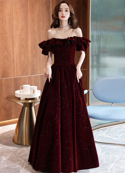 Off Shoulder Wine Red Velvet A-line Party Dress