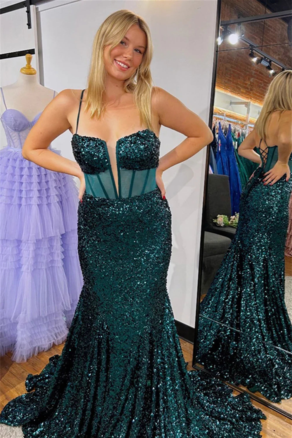 Weitese Sparkly Mermaid Spaghetti Straps Dark Green Corset Prom Dress with Criss Cross Back