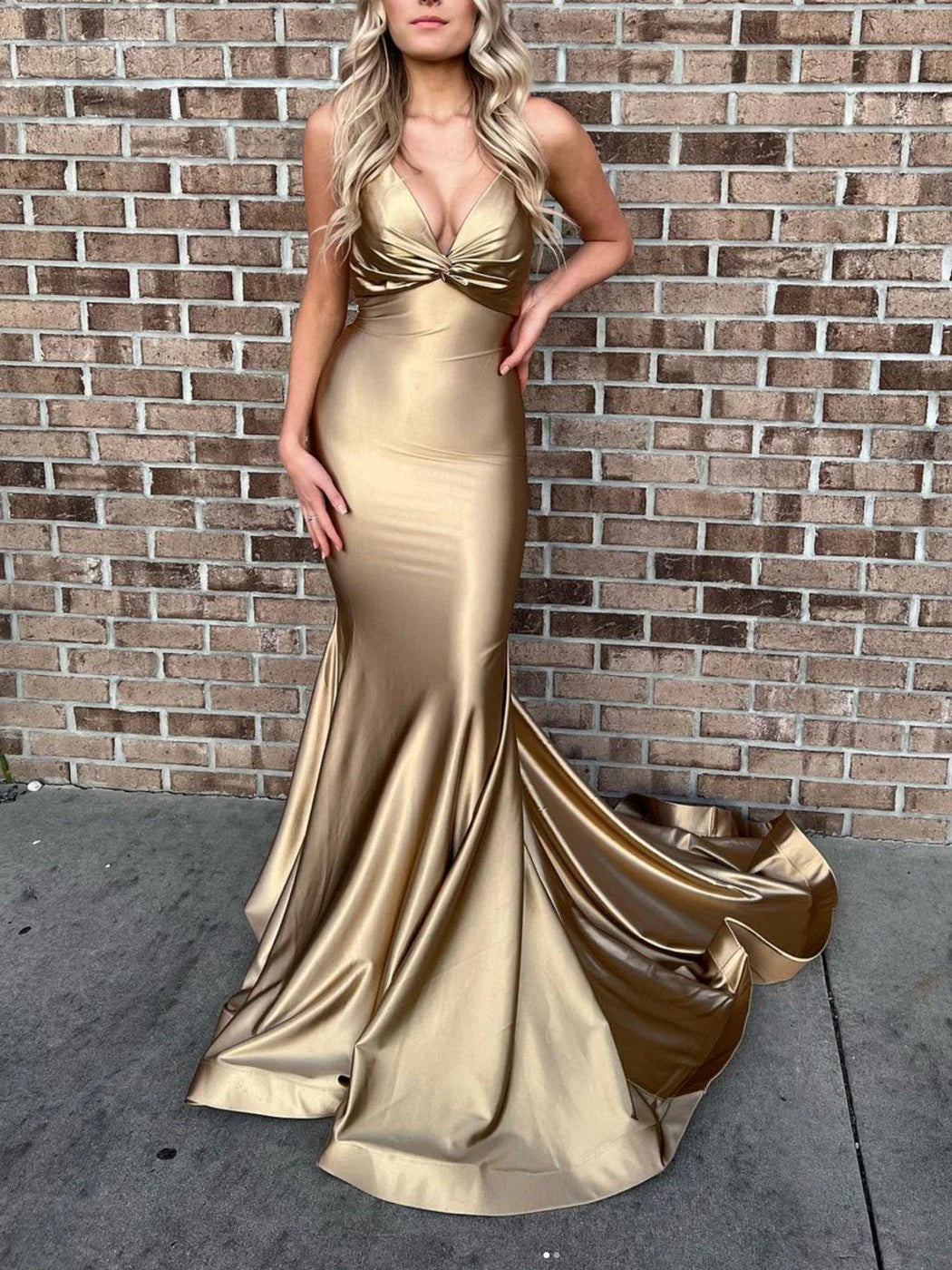 Simple gold satin mermaid long prom dress