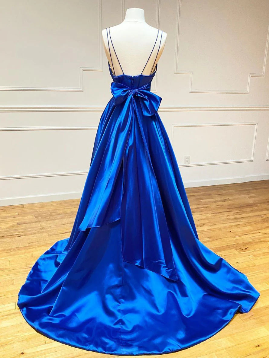 Spaghetti Straps Blue V Neck Satin Long Prom Dress With Train