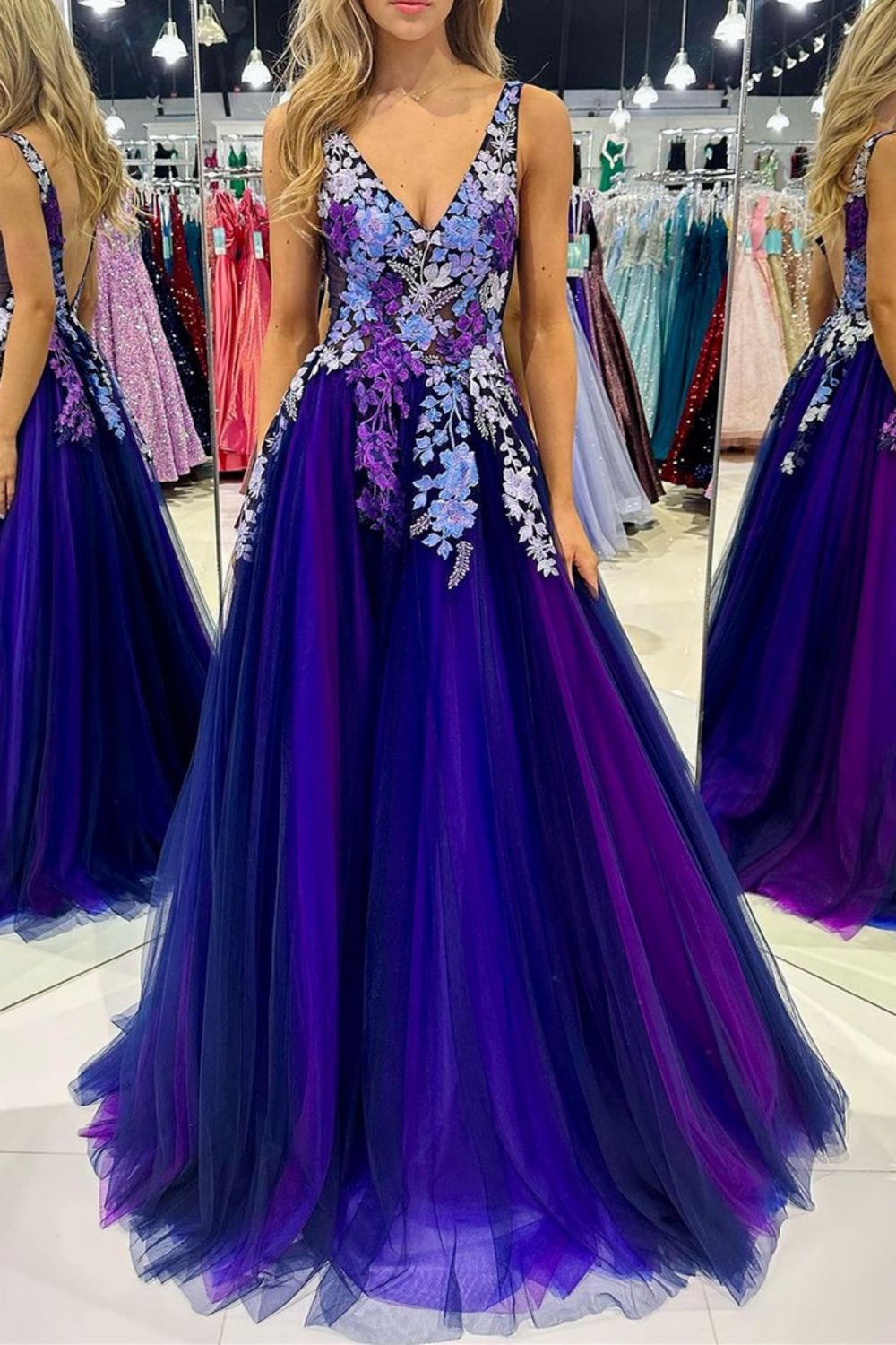 Weitese Gorgeous A Line V Neck Purple Tulle Long Prom Dress with Appliques