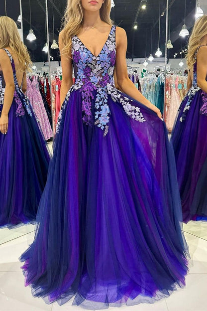 Weitese Gorgeous A Line V Neck Purple Tulle Long Prom Dress with Appliques