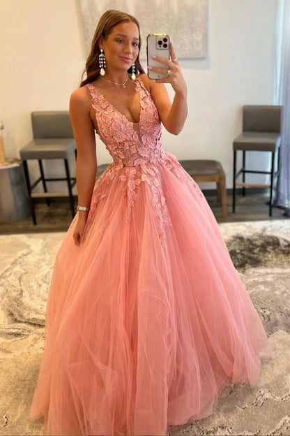 Weitese Princess A Line V Neck Pink Long Prom Dress with Appliques