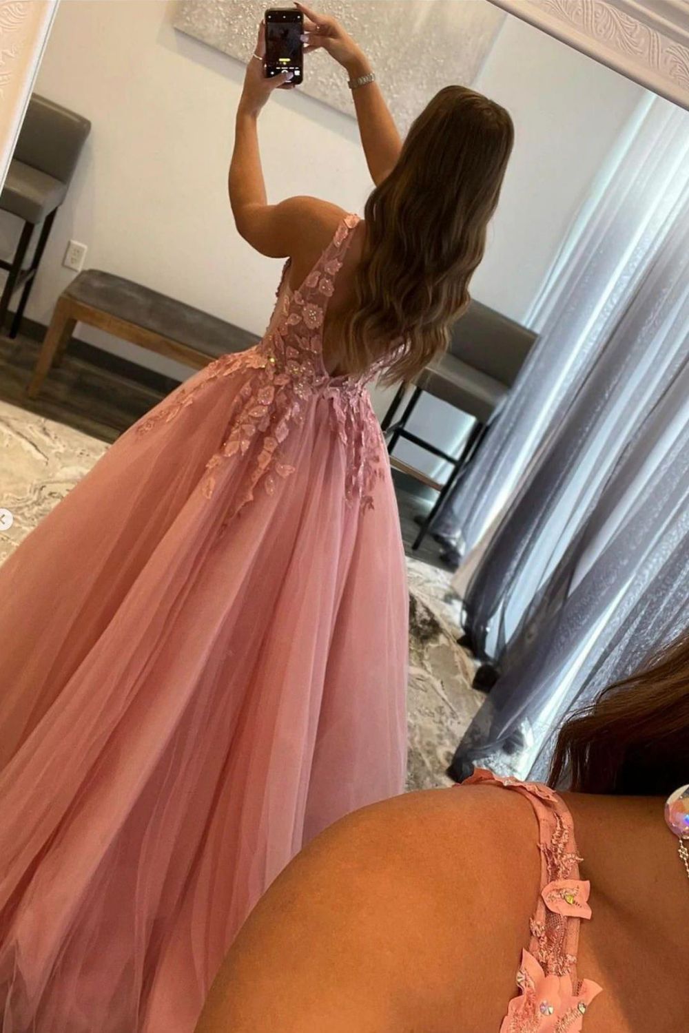 Weitese Princess A Line V Neck Pink Long Prom Dress with Appliques