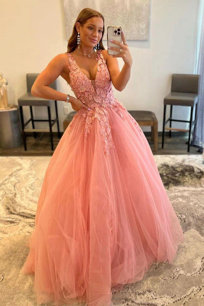 Weitese Princess A Line V Neck Pink Long Prom Dress with Appliques