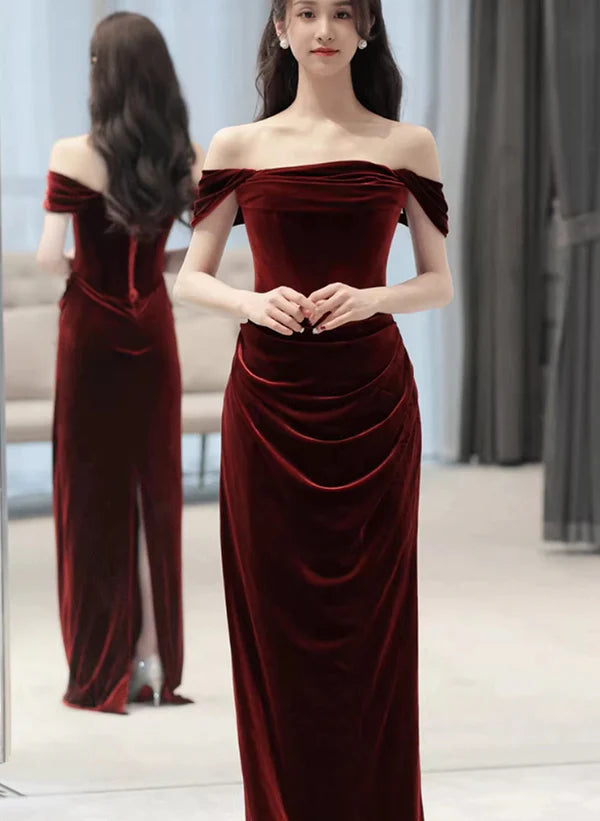 Wine Red Off Shoulder Scoop Long Prom Dress