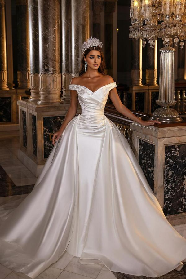 Weitese Sweetheart Backless Satin Off-The-Shoulder Wedding Dress With Ruffles Appliques