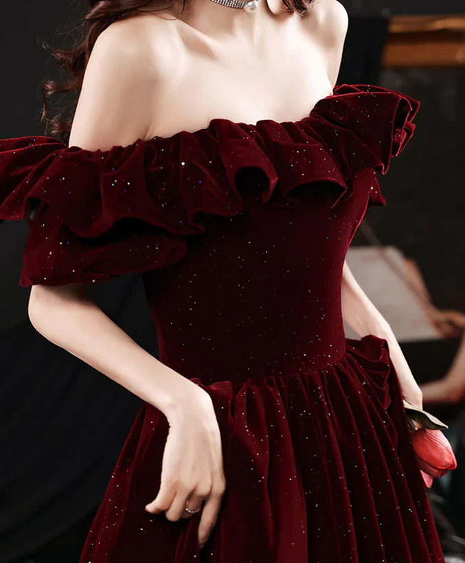 Off Shoulder Wine Red Velvet A-line Party Dress