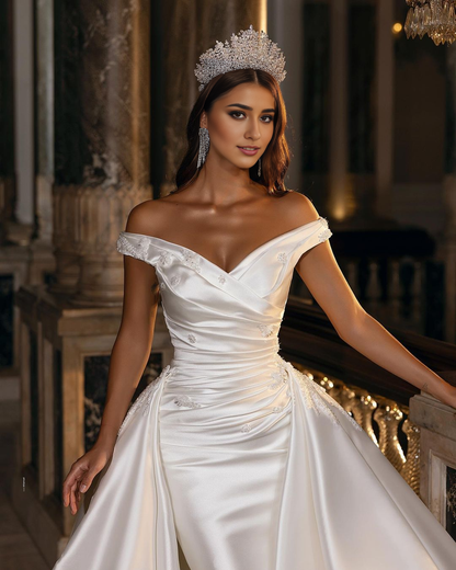 Weitese Sweetheart Backless Satin Off-The-Shoulder Wedding Dress With Ruffles Appliques