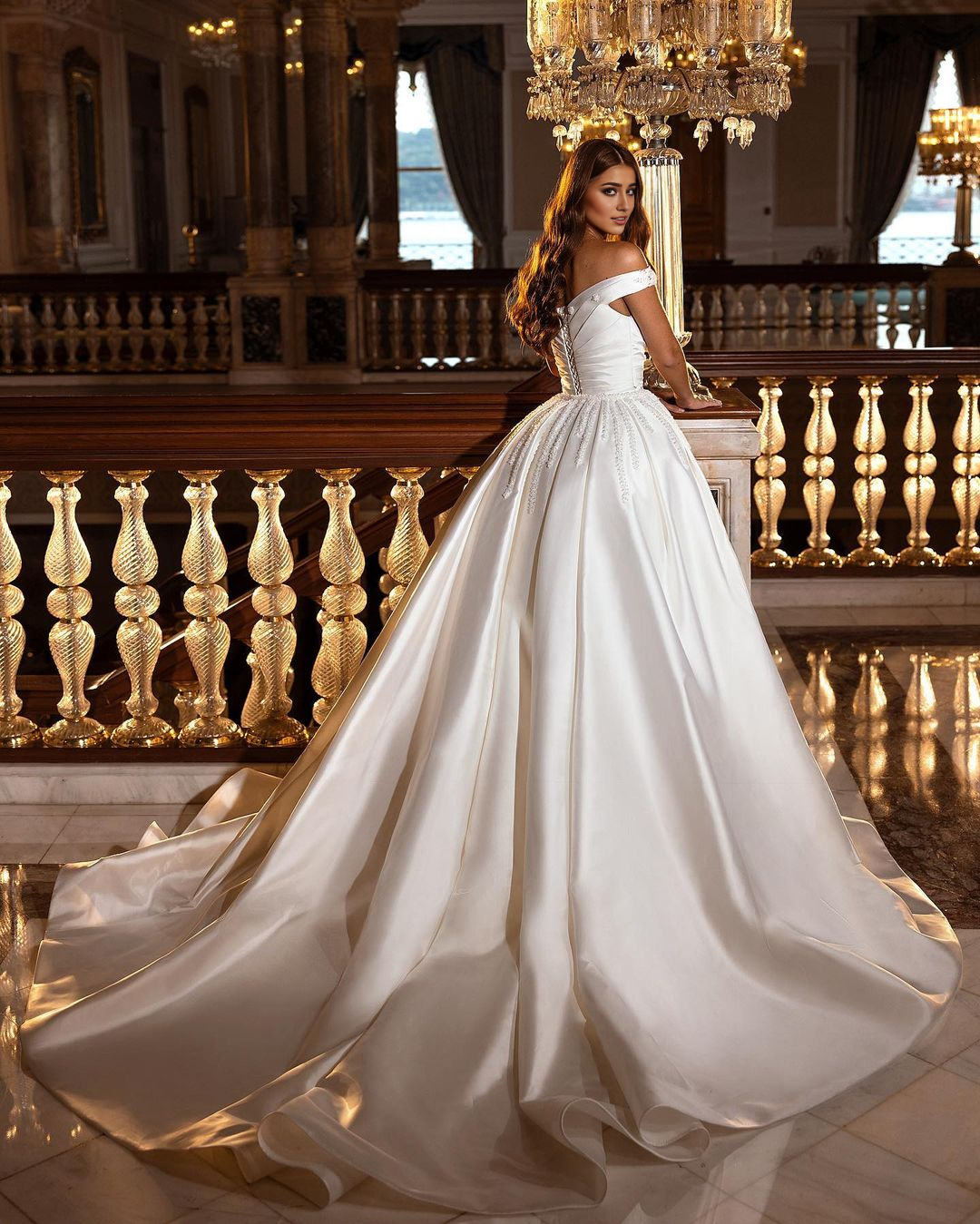 Weitese Sweetheart Backless Satin Off-The-Shoulder Wedding Dress With Ruffles Appliques