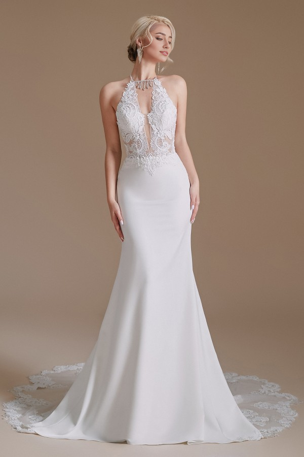 Weitese Charming Backless Long Mermaid Halter Satin With Appliques Lace Wedding Dresse