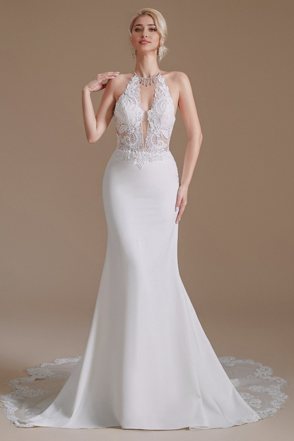 Weitese Charming Backless Long Mermaid Halter Satin With Appliques Lace Wedding Dresse