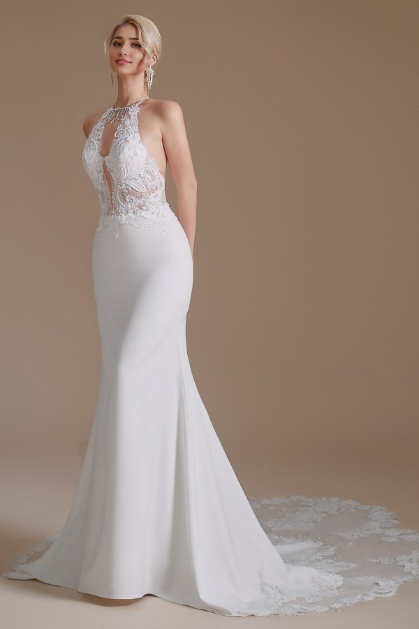 Weitese Charming Backless Long Mermaid Halter Satin With Appliques Lace Wedding Dresse