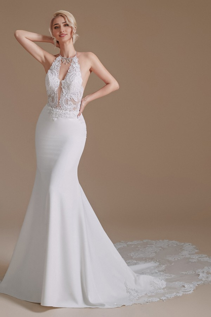 Weitese Charming Backless Long Mermaid Halter Satin With Appliques Lace Wedding Dresse