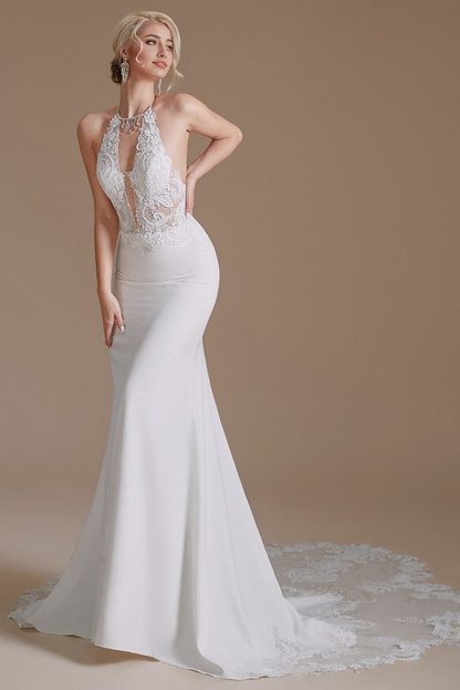 Weitese Charming Backless Long Mermaid Halter Satin With Appliques Lace Wedding Dresse