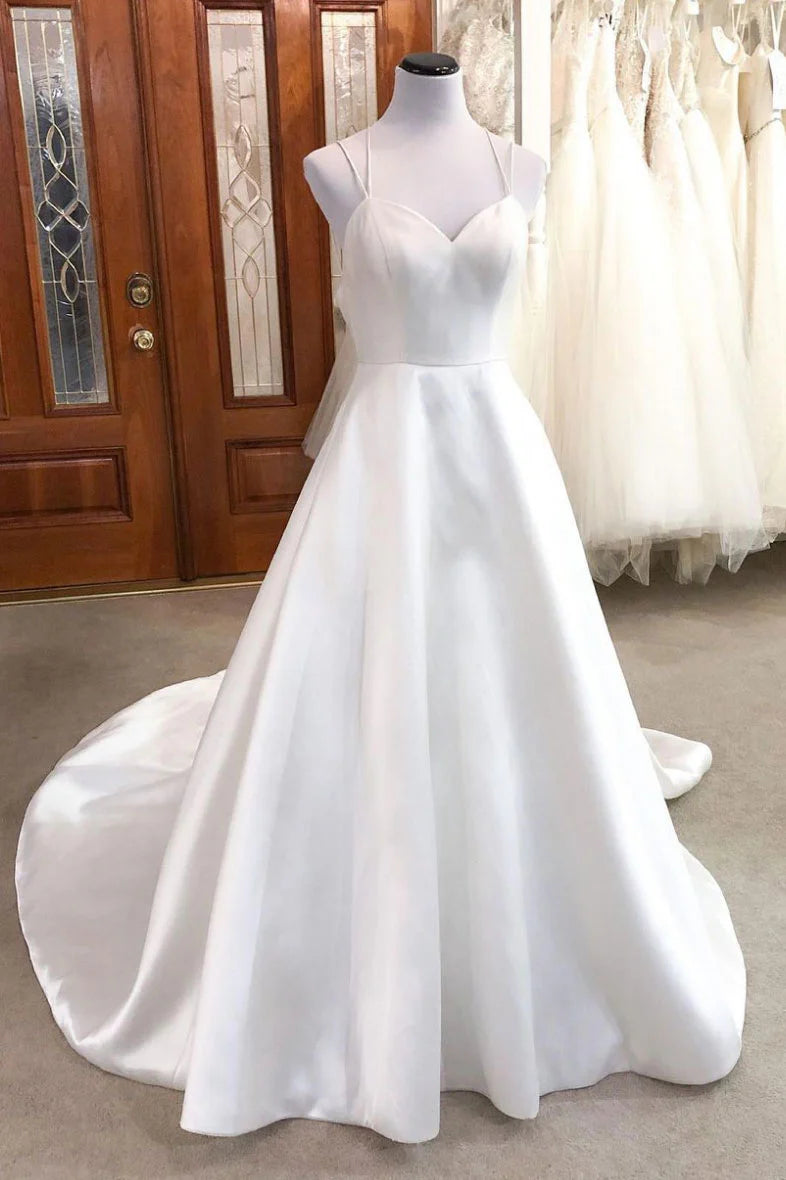 Simple white satin long prom dress