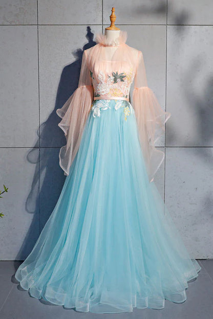 Blue Tulle Lace Long Sleeves Floor Length Wedding Dresses