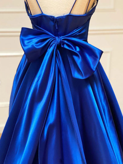 Spaghetti Straps Blue V Neck Satin Long Prom Dress With Train