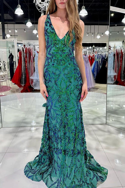 Weitese Sparkly Mermaid V Neck Green Sequins Long Prom Dress