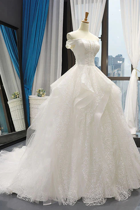 White tulle lace off shoulder long wedding dress