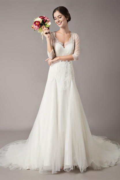 Weitese Lace Beach Half-Sleeves Wedding Dress