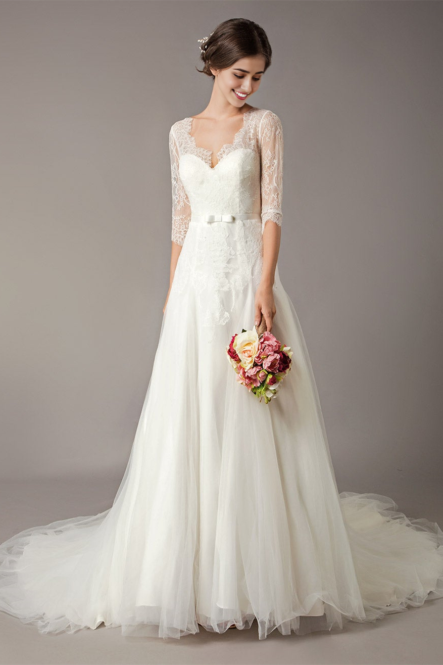 Weitese Lace Beach Half-Sleeves Wedding Dress