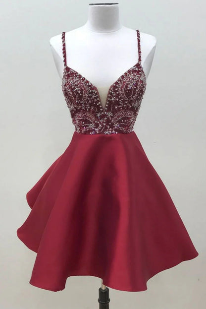 Burgundy v neck sequin beads short homecoming dress