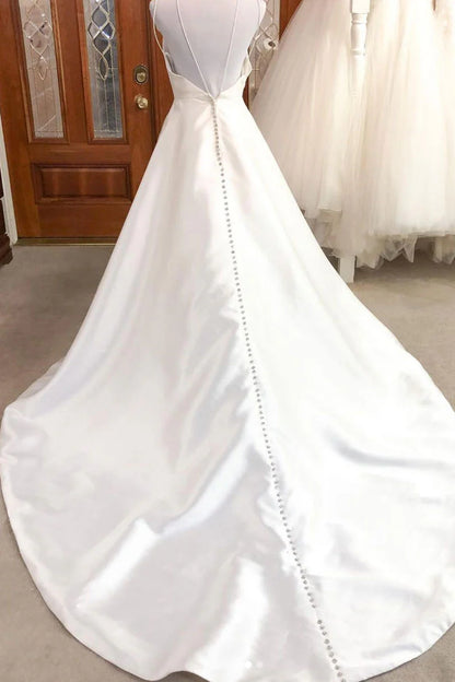 Simple white satin long prom dress