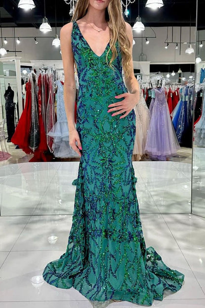 Weitese Sparkly Mermaid V Neck Green Sequins Long Prom Dress