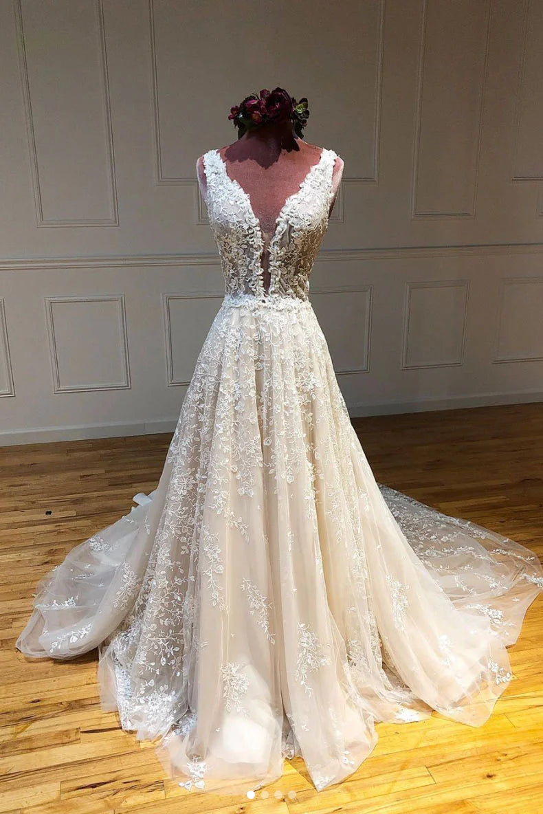 Champagne v neck tulle lace long Wedding Dresses