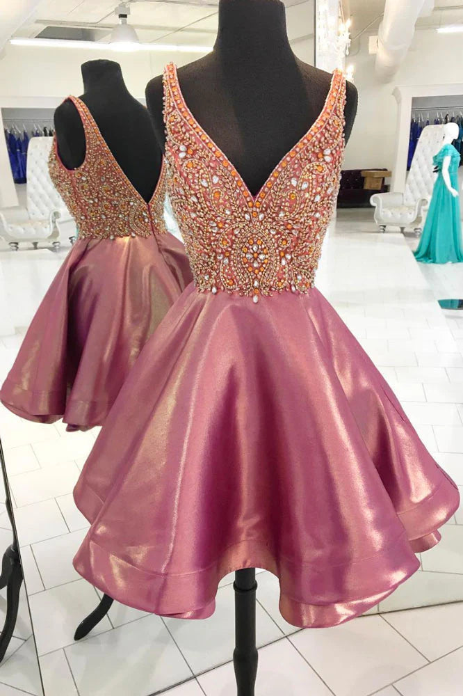 Pink v neck beads short homecoming dress