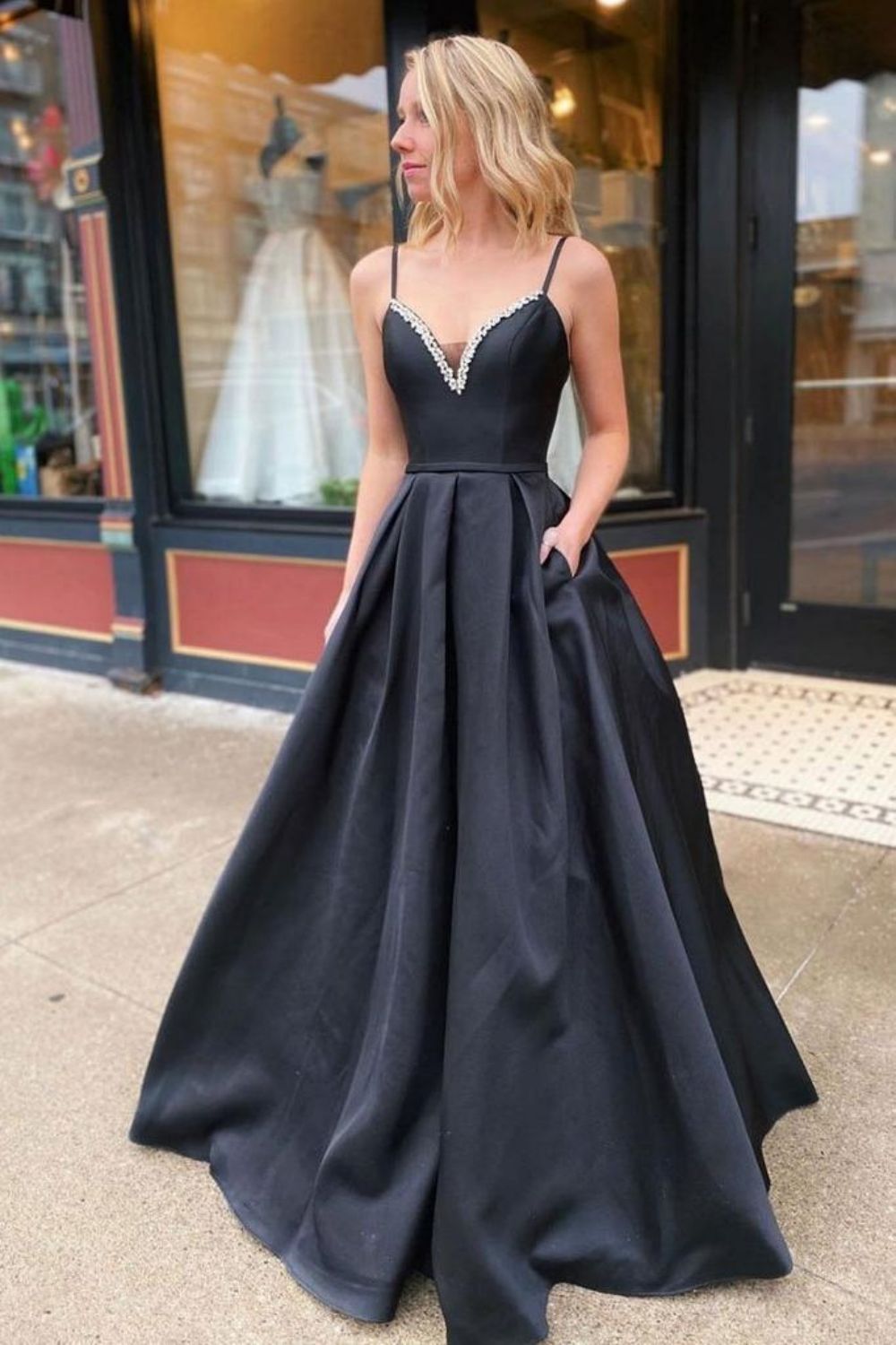 Weitese A Line Spaghetti Straps Black Prom Dress with Beading