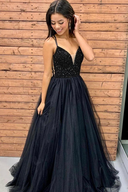 Weitese Classic A Line Spaghetti Straps Black Long Prom Dress with Beading